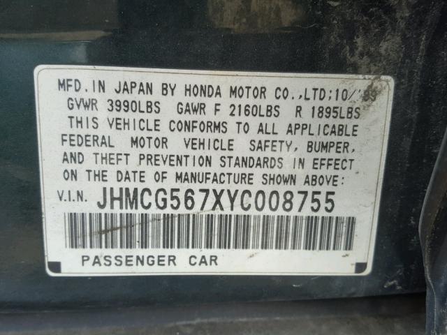 JHMCG567XYC008755 - 2000 HONDA ACCORD SE GREEN photo 10