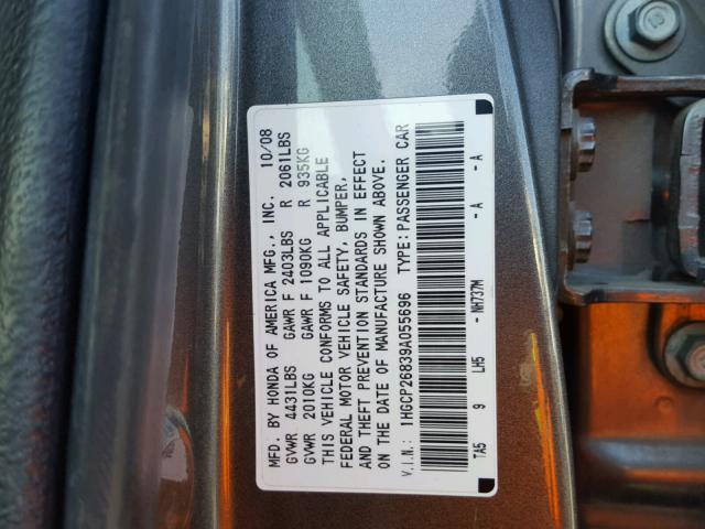 1HGCP26839A055696 - 2009 HONDA ACCORD EXL CHARCOAL photo 10