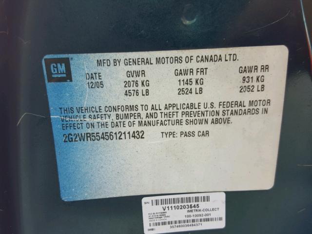2G2WR554561211432 - 2006 PONTIAC GRAND PRIX GREEN photo 10