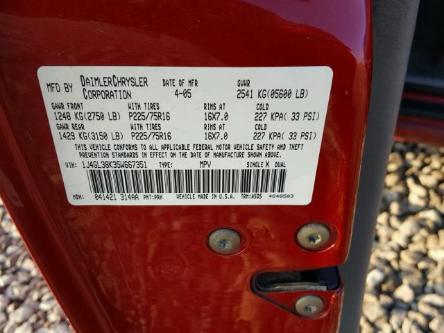 1J4GL38K35W667351 - 2005 JEEP LIBERTY RE BURGUNDY photo 10