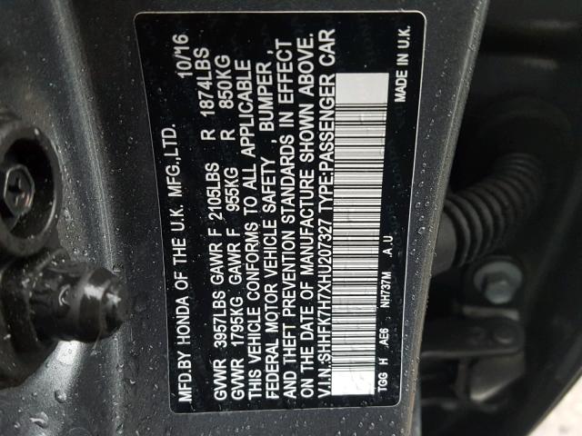 SHHFK7H7XHU207327 - 2017 HONDA CIVIC EXL 银色 照片 10