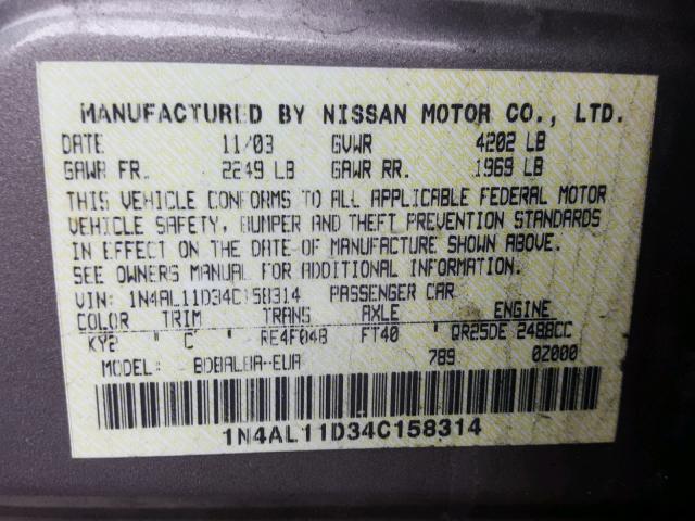 1N4AL11D34C158314 - 2004 NISSAN ALTIMA BAS TAN photo 10