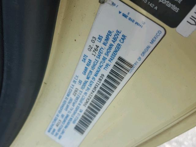 3VWCK21Y43M311839 - 2003 VOLKSWAGEN NEW BEETLE 黄色 照片 10