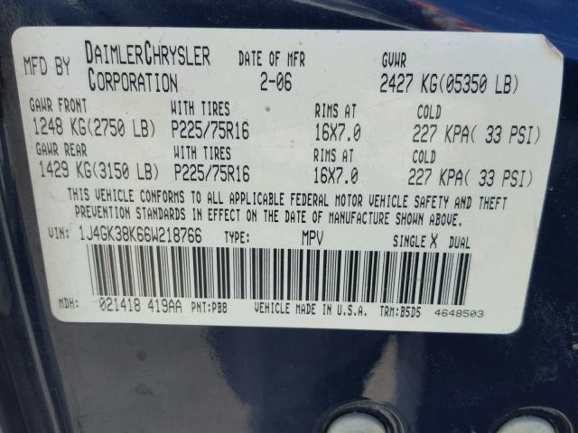 1J4GK38K66W218766 - 2006 JEEP LIBERTY RE BLUE photo 10