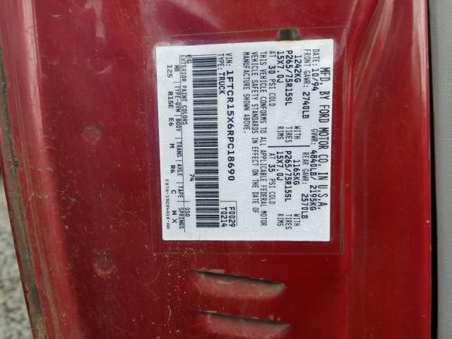 1FTCR15X6RPC18690 - 1994 FORD RANGER SUP RED photo 10