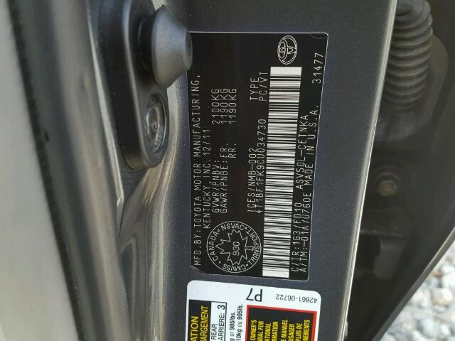 4T1BF1FK9CU034730 - 2012 TOYOTA CAMRY BASE GRAY photo 10