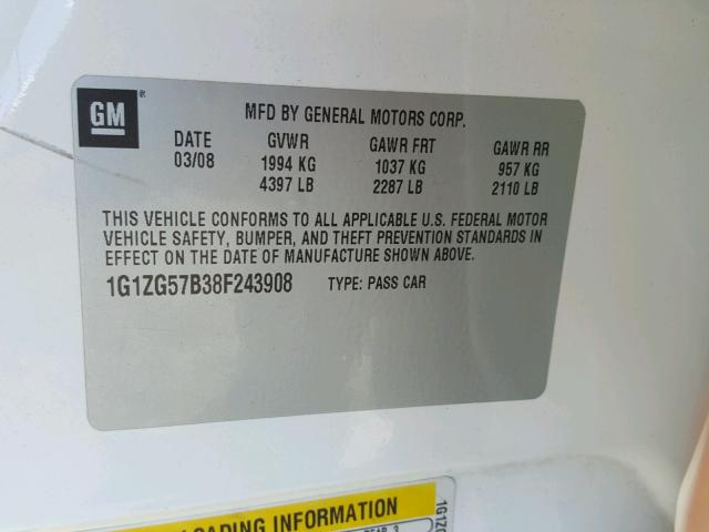 1G1ZG57B38F243908 - 2008 CHEVROLET MALIBU LS თეთრი ფოტო 10