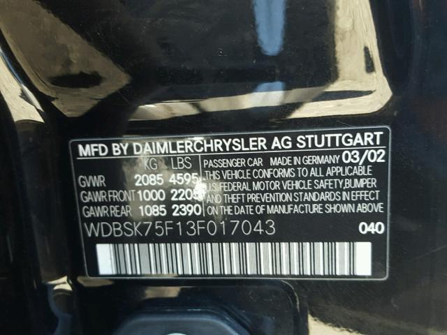 WDBSK75F13F017043 - 2003 MERCEDES-BENZ SL 500R BLACK photo 10