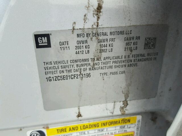 1G1ZC5E01CF213196 - 2012 CHEVROLET MALIBU 1LT ნაცრისფერი ფოტო 10