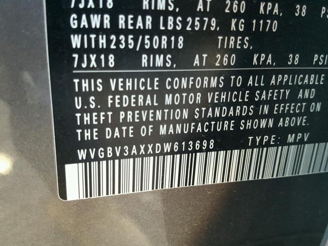 WVGBV3AXXDW613698 - 2013 VOLKSWAGEN TIGUAN S GRAY photo 10