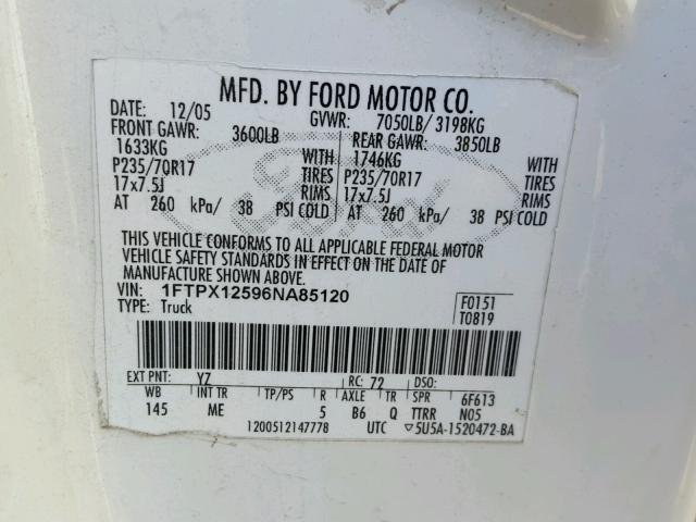 1FTPX12596NA85120 - 2006 FORD F150 WHITE photo 10