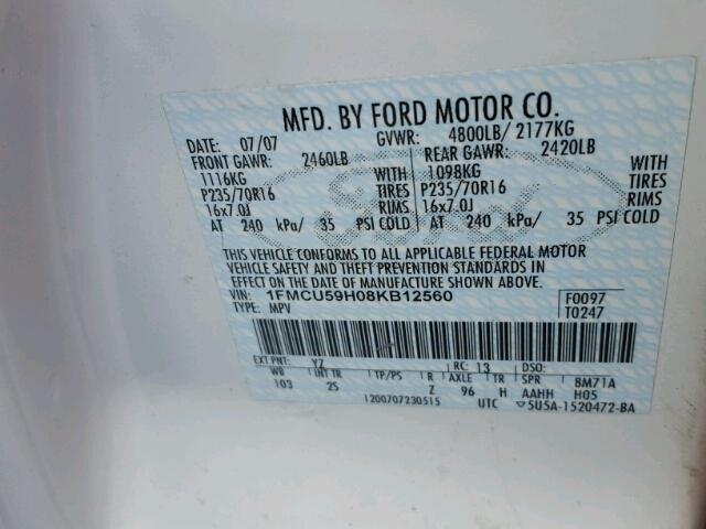 1FMCU59H08KB12560 - 2008 FORD ESCAPE HEV WHITE photo 10