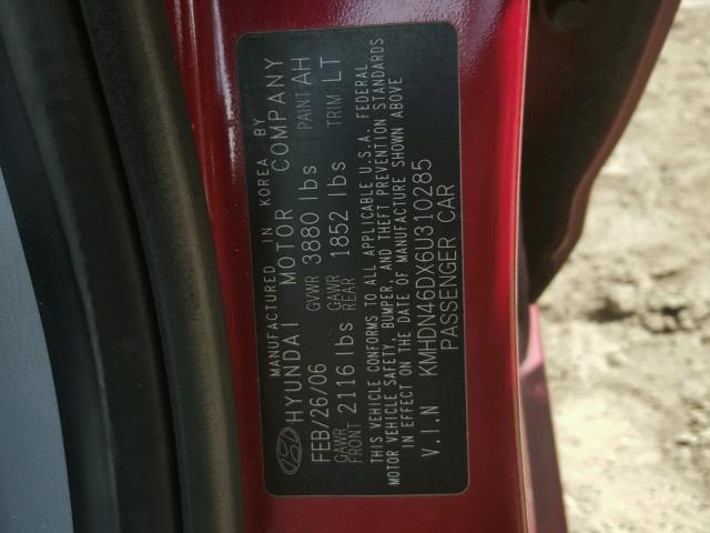 KMHDN46DX6U310285 - 2006 HYUNDAI ELANTRA GL BURGUNDY photo 10