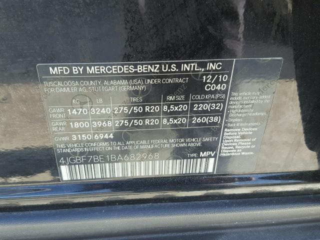 4JGBF7BE1BA682968 - 2011 MERCEDES-BENZ GL 450 4MA BLACK photo 10