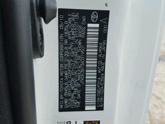 JTKDE3B73A0319501 - 2010 TOYOTA SCION TC 白色 照片 10