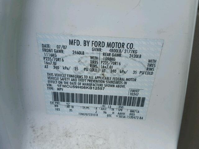 1FMCU59H18KB12549 - 2008 FORD ESCAPE HEV WHITE photo 10