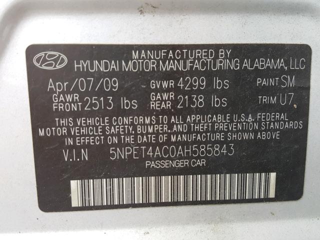 5NPET4AC0AH585843 - 2010 HYUNDAI SONATA GLS SILVER photo 10