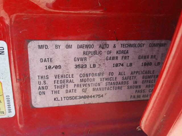 KL1TD5DE3AB044754 - 2010 CHEVROLET AVEO LS RED photo 10