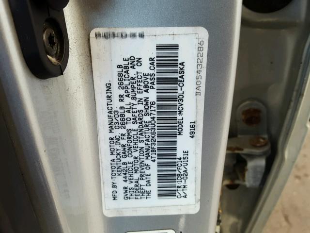 4T1BF32K63U047176 - 2003 TOYOTA CAMRY LE SILVER photo 10