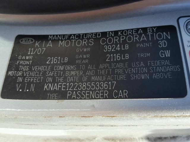 KNAFE122385533617 - 2008 KIA SPECTRA EX SILVER photo 10