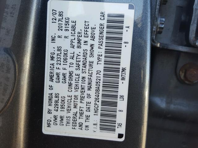 1HGCP26408A052170 - 2008 HONDA ACCORD LXP GRAY photo 10