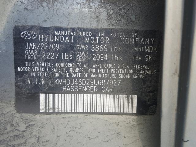 KMHDU46D29U687927 - 2009 HYUNDAI ELANTRA GL GREEN photo 10