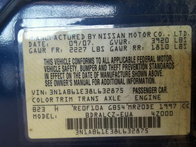 3N1AB61E38L632875 - 2008 NISSAN SENTRA 2.0 BLUE photo 10