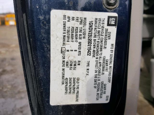 1GNDV23L95D215422 - 2005 CHEVROLET UPLANDER L 蓝色 照片 10