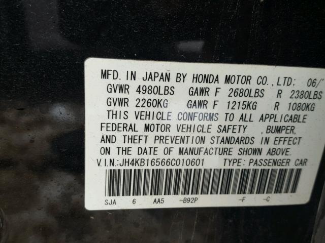 JH4KB16566C010601 - 2006 ACURA RL შავი ფოტო 10