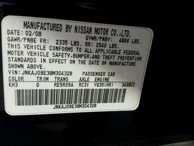 JNKAJ09E38M304328 - 2008 INFINITI EX35 BASE BLACK photo 10