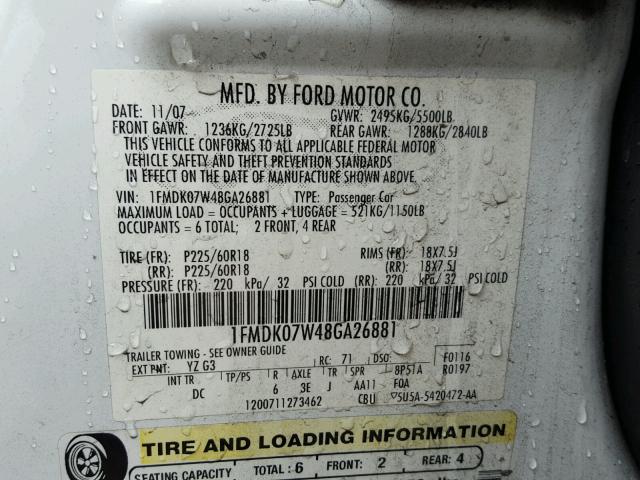 1FMDK07W48GA26881 - 2008 FORD TAURUS X E WHITE photo 10