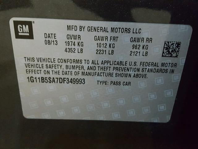 1G11B5SA7DF349993 - 2013 CHEVROLET MALIBU LS ნაცრისფერი ფოტო 10