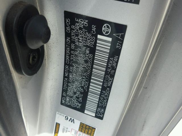 JTKDE177X60085538 - 2006 TOYOTA SCION TC 银色 照片 10