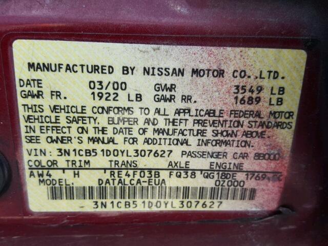 3N1CB51D0YL307627 - 2000 NISSAN SENTRA BAS RED photo 10