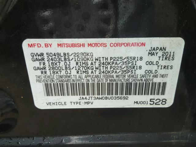 JA4JT3AW0BU035692 - 2011 MITSUBISHI OUTLANDER BLACK photo 10