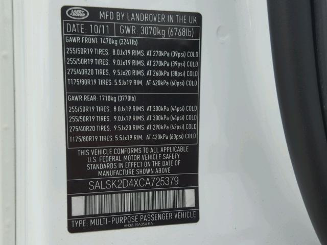 SALSK2D4XCA725379 - 2012 LAND ROVER RANGE ROVE WHITE photo 10