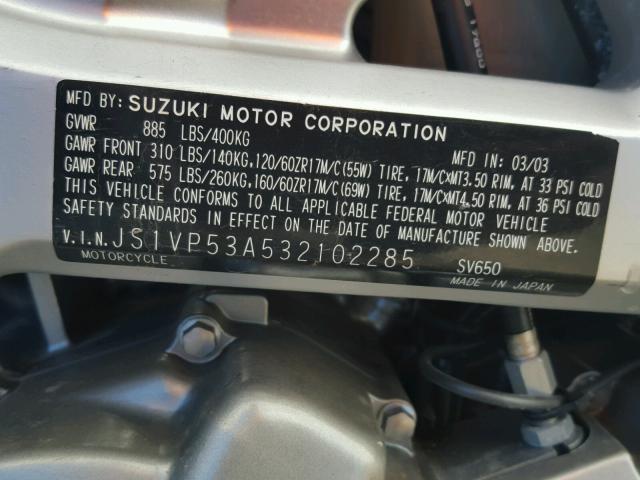 JS1VP53A532102285 - 2003 SUZUKI SV650 SILVER photo 10