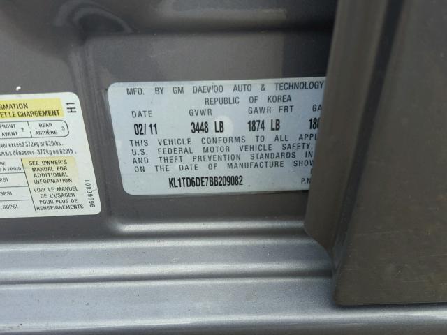 KL1TD6DE7BB209082 - 2011 CHEVROLET AVEO LS GRAY photo 10