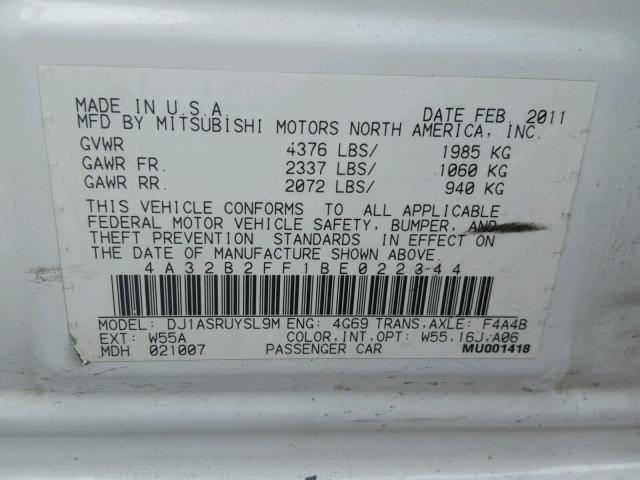 4A32B2FF1BE022344 - 2011 MITSUBISHI GALANT FE WHITE photo 10