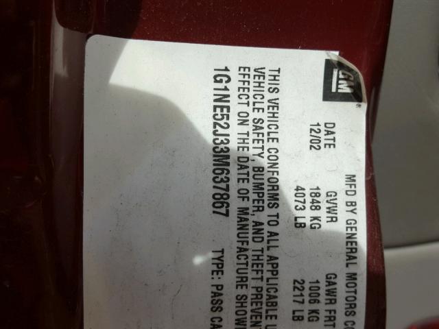 1G1NE52J33M637867 - 2003 CHEVROLET MALIBU LS ბურგუნდია ფოტო 10