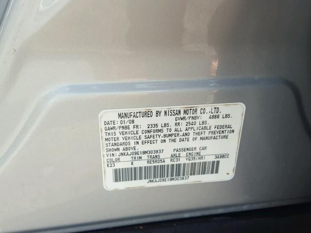 JNKAJ09E18M303937 - 2008 INFINITI EX35 BASE SILVER photo 10