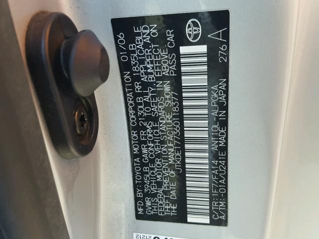 JTKDE177360118377 - 2006 TOYOTA SCION TC 银色 照片 10