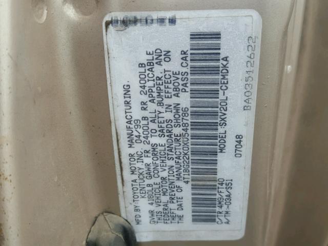 4T1BG22K0XU548786 - 1999 TOYOTA CAMRY CE TAN photo 10