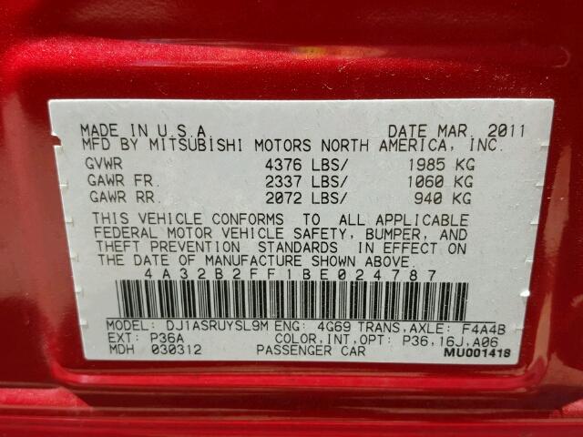 4A32B2FF1BE024787 - 2011 MITSUBISHI GALANT FE RED photo 10