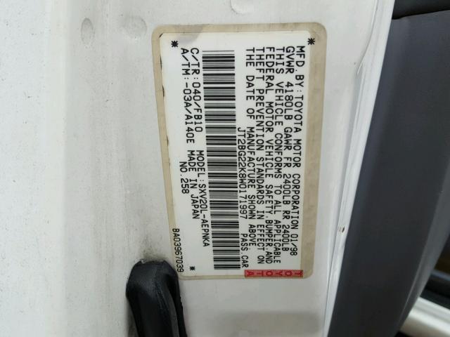 JT2BG22K8W0171997 - 1998 TOYOTA CAMRY CE WHITE photo 10