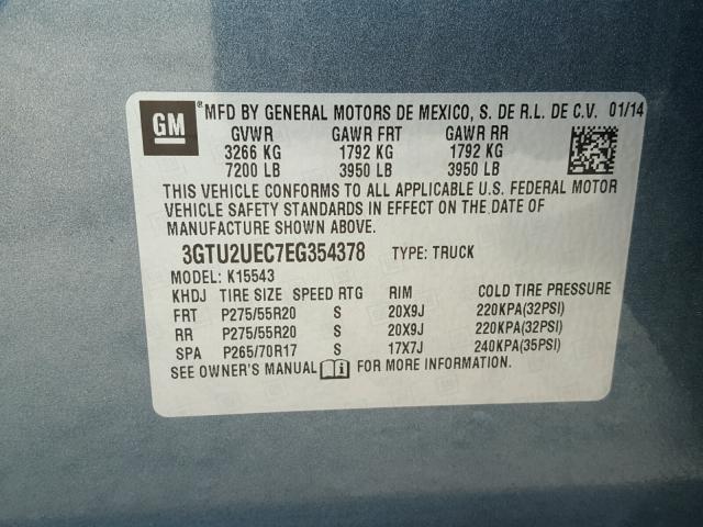 3GTU2UEC7EG354378 - 2014 GMC SIERRA K15 BLUE photo 10