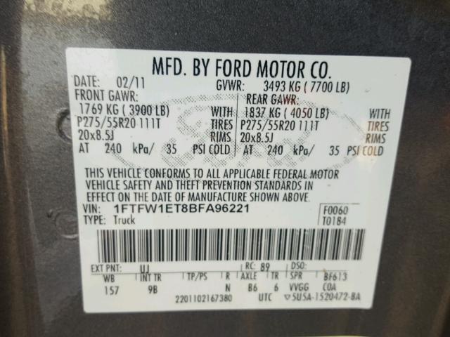 1FTFW1ET8BFA96221 - 2011 FORD F150 SUPER GRAY photo 10