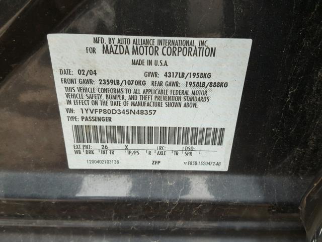 1YVFP80D345N48357 - 2004 MAZDA 6 S CHARCOAL photo 10