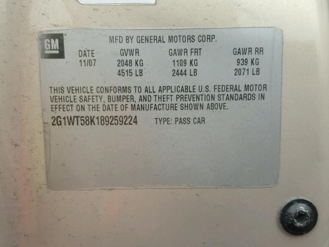 2G1WT58K189259224 - 2008 CHEVROLET IMPALA LT TAN photo 10