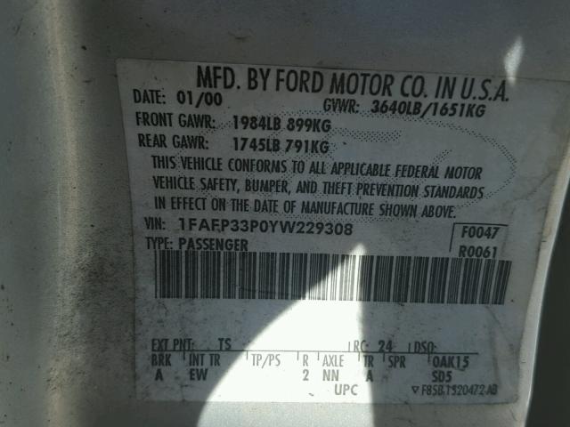 1FAFP33P0YW229308 - 2000 FORD FOCUS LX GRAY photo 10